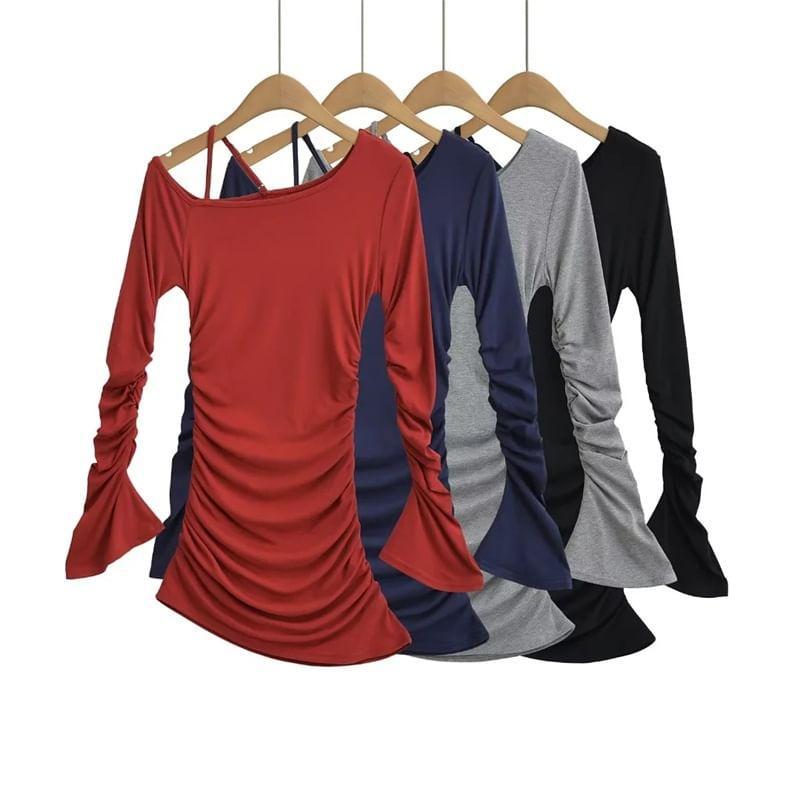 Long Sleeve Cold Shoulder Plain Ruched Top Product Image