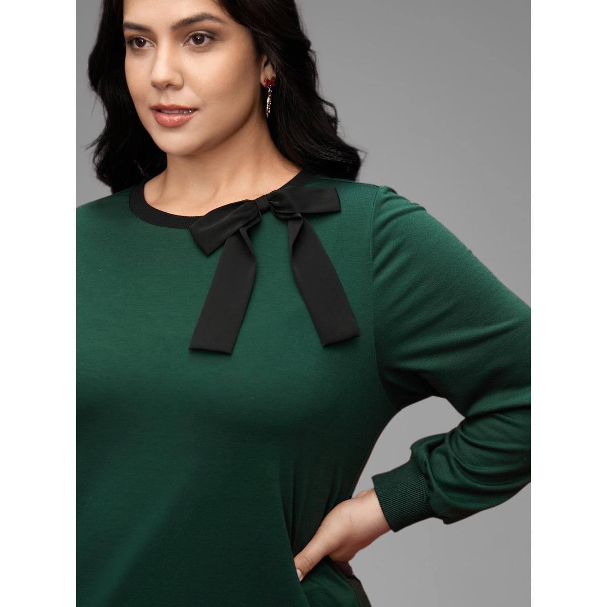 Plus Size Bow-tie Detailing High Neck Sweatshirt Women DarkGreen Casual Contrast Round Neck Everyday Sweatshirts BloomChic 14-16/1X Product Image