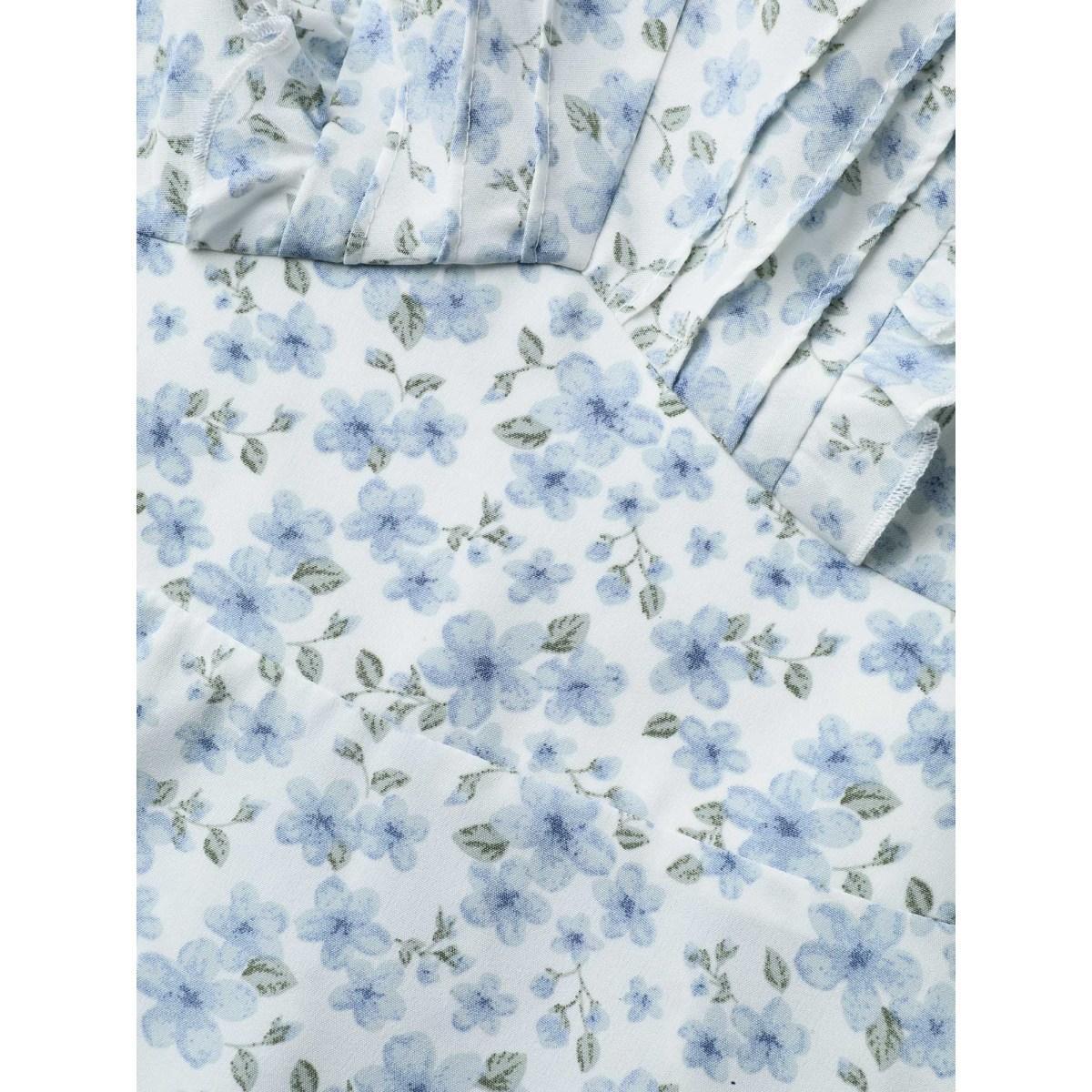 Plus Size LightBlue Floral Ruffled Pintucks Flared Sleeve Shirt Women Elegant Short sleeve V-neck Everyday Blouses BloomChic 18-20/2X Product Image