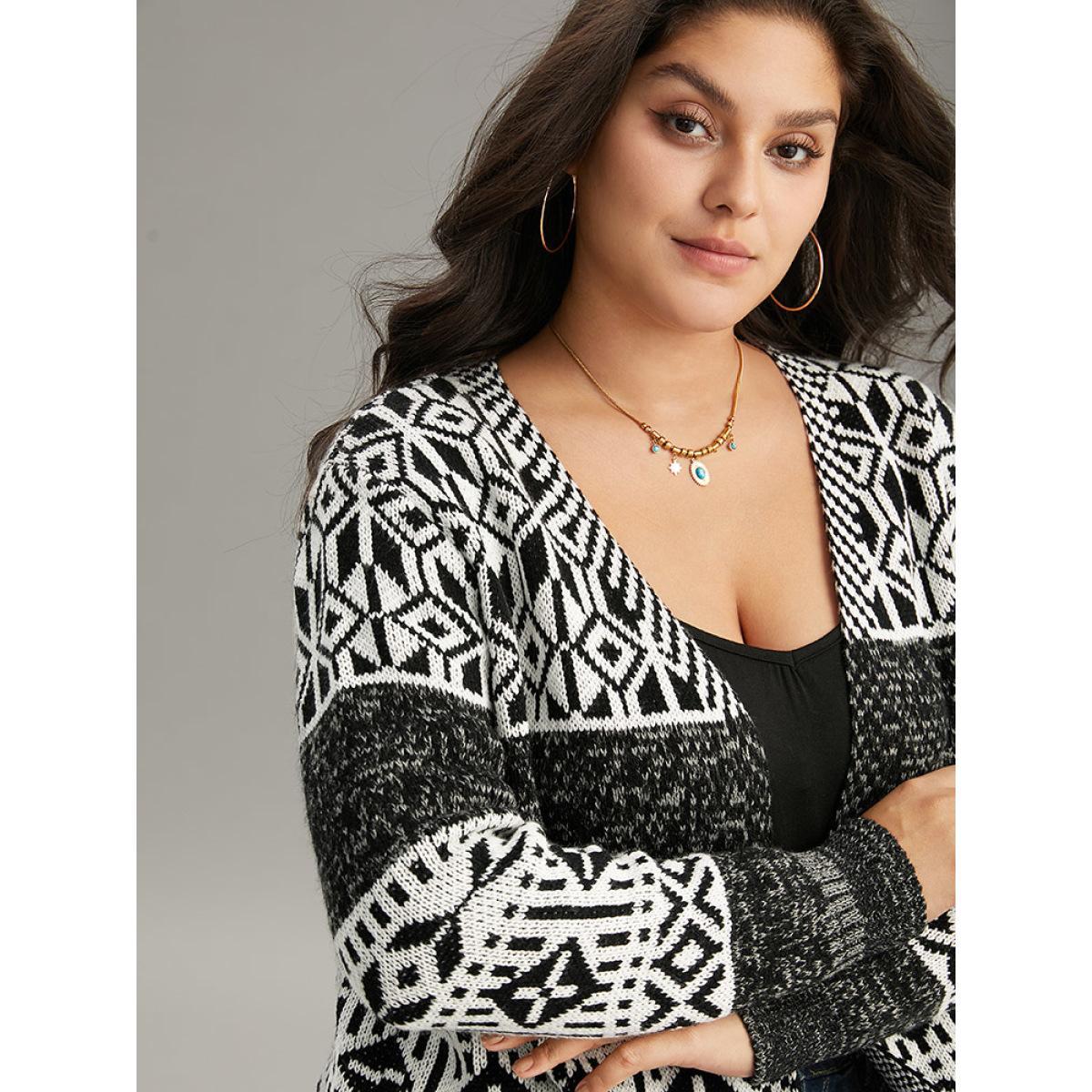 Plus Size Boho Print Heather Jacquard Cardigan Black Women Casual Loose Long Sleeve Dailywear Cardigans BloomChic 28/5X Product Image