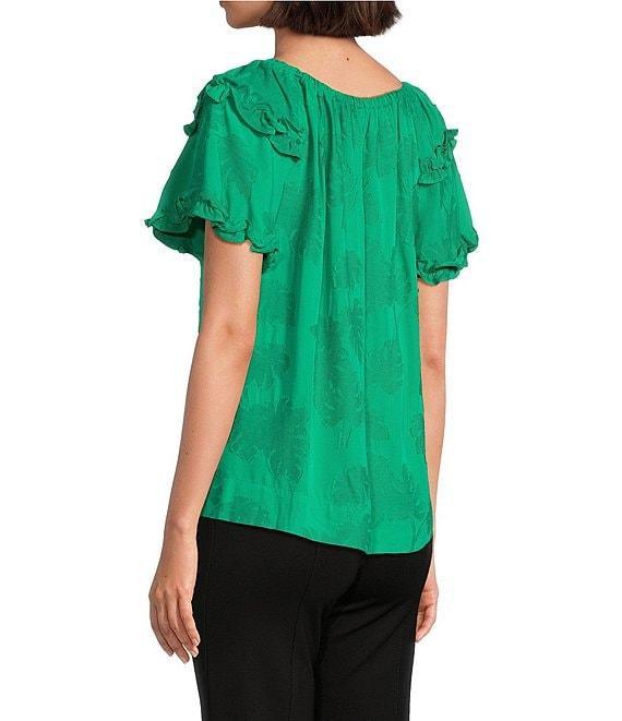 Slim Factor By Investments Heidi Palm Jacquard Elastic Linen Blend Crew Neckline Short Sleeve Top Product Image