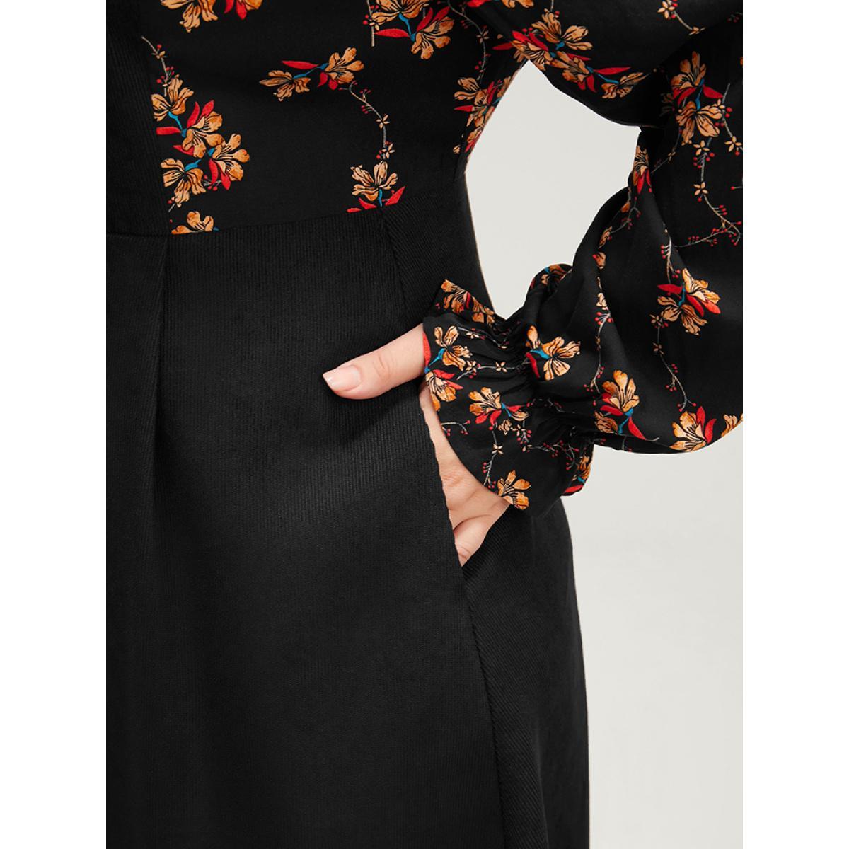 Plus Size Floral Patchwork Ruffle Trim Pocket Zipper Dress Black Women Elegant Zipper Stand-up collar Long Sleeve Curvy Midi Dress BloomChic 14-16/1X Product Image