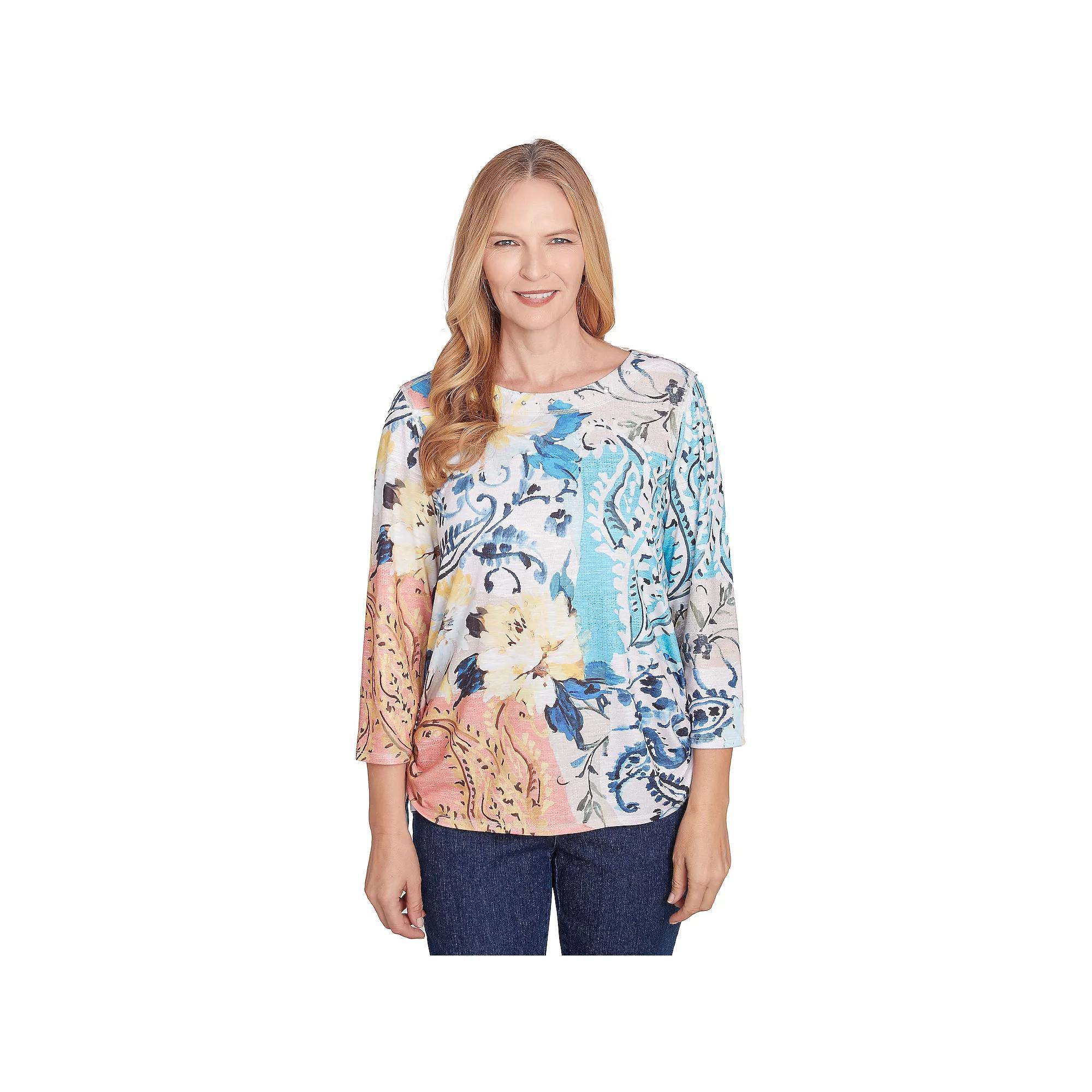 Women's Alfred Dunner Floral Patch Drawstring Side Top, Size: Large, Multi Blue Product Image