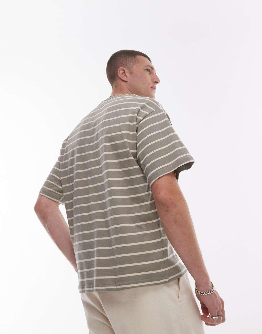 Selected Homme oversized T-shirt in tan stripe Product Image