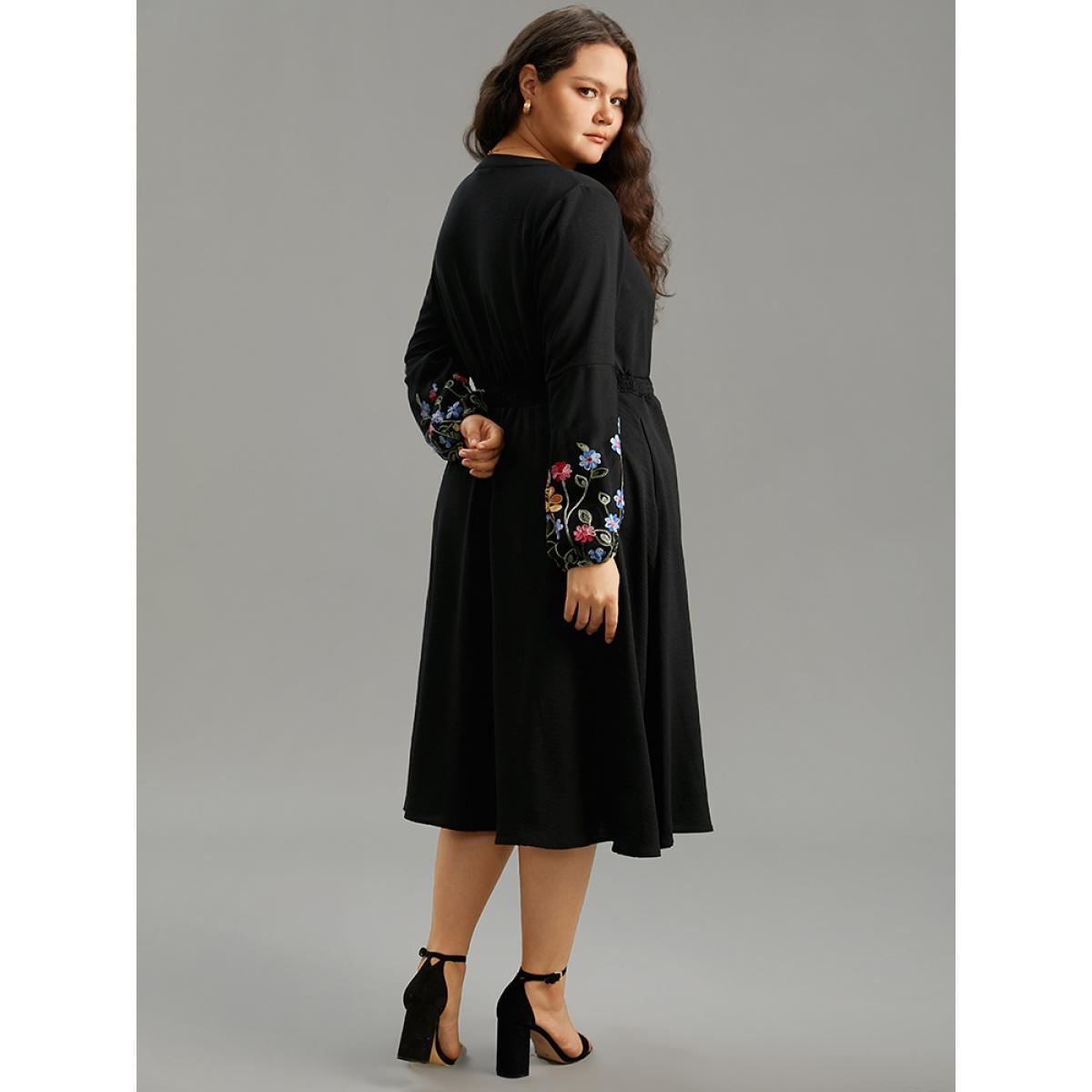 Plus Size Floral Embroidered Notched Midi Dress Black Women Elegant Elastic cuffs Notched collar Long Sleeve Curvy Midi Dress BloomChic 22-24/3X Product Image