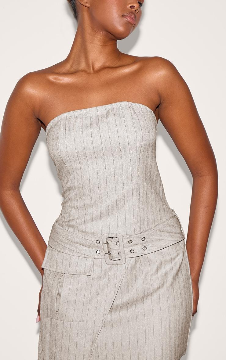 Grey Pinstripe Bandeau Belted Pocket Detail Shift Dress Product Image