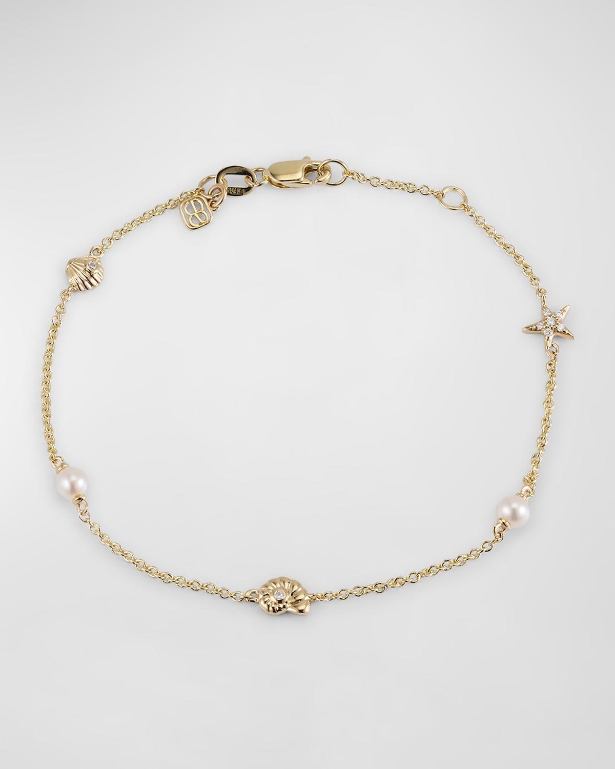 Womens 14K Yellow Gold, Cultured Freshwater Pearl & 0.03 TCW Diamond Sea Charm Bracelet Product Image