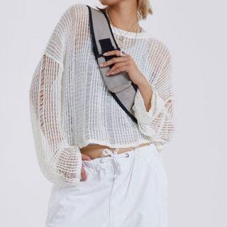 Long-Sleeve Crew Neck Plain Crop Pointelle Knit Top Product Image
