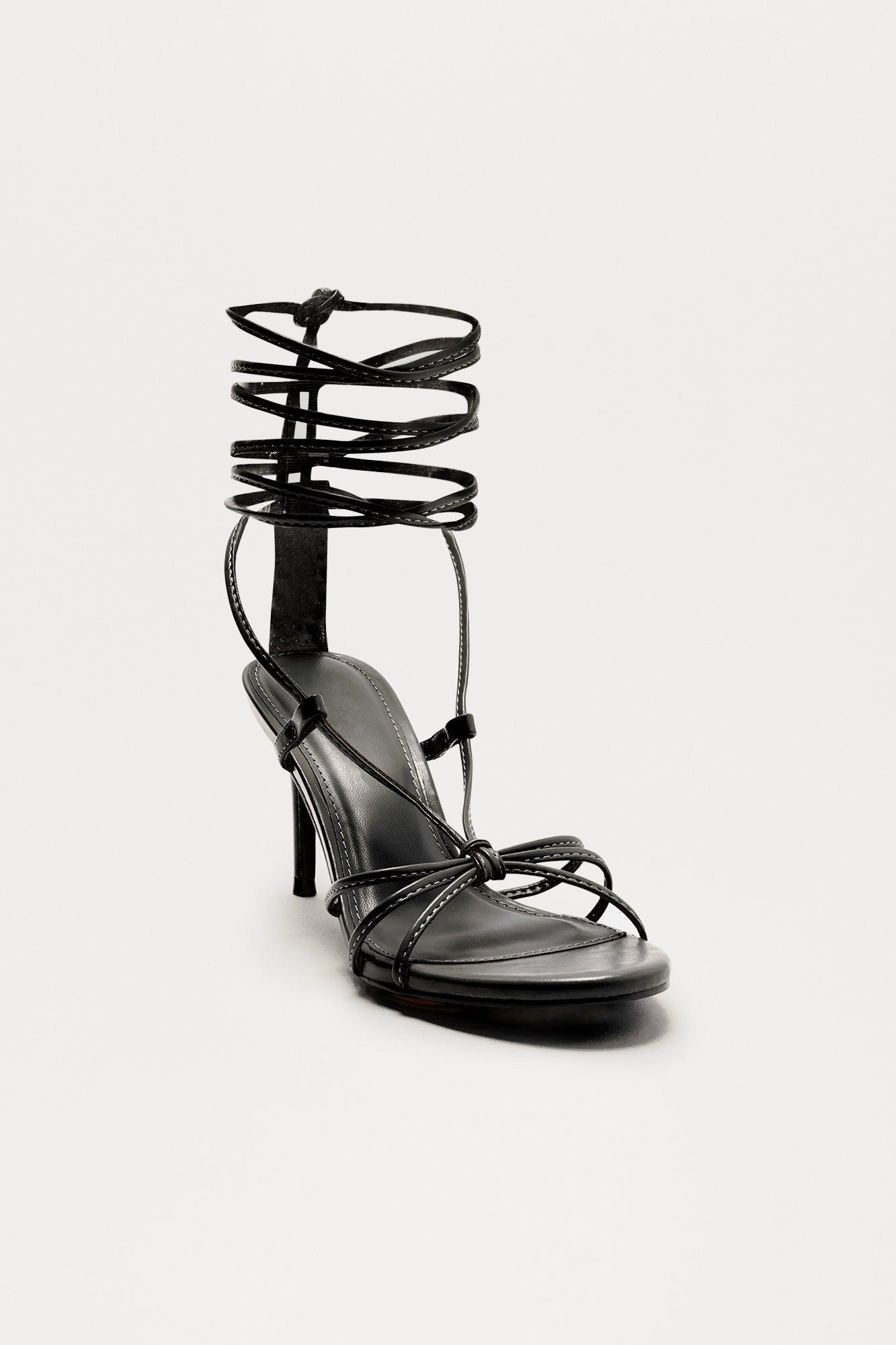 Jai Faux Leather Wrap Up Stiletto Heels - Black Product Image