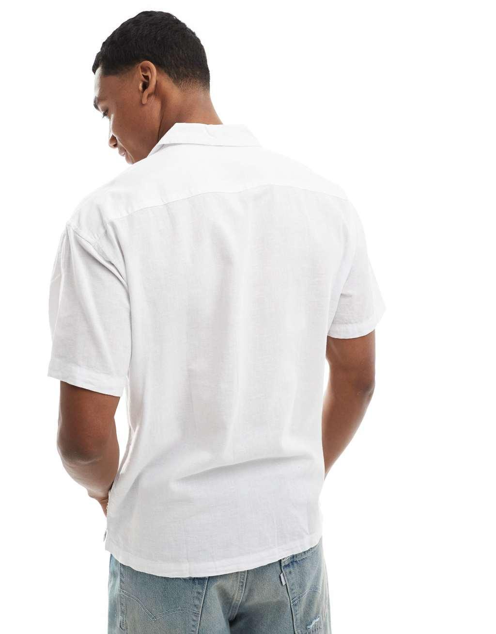 Jack & Jones linen shirt with revere collar in white Product Image
