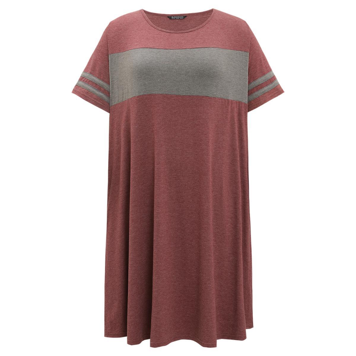 Plus Size Striped Patchwork Pocket Crew Neck Dress Scarlet Women Casual Patchwork Round Neck Short sleeve Curvy Midi Dress BloomChic 10/M Product Image