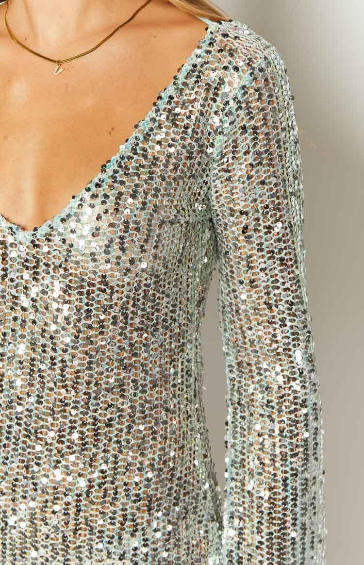 Stellar Shimmer Blue Long Sleeve Mini Dress Product Image