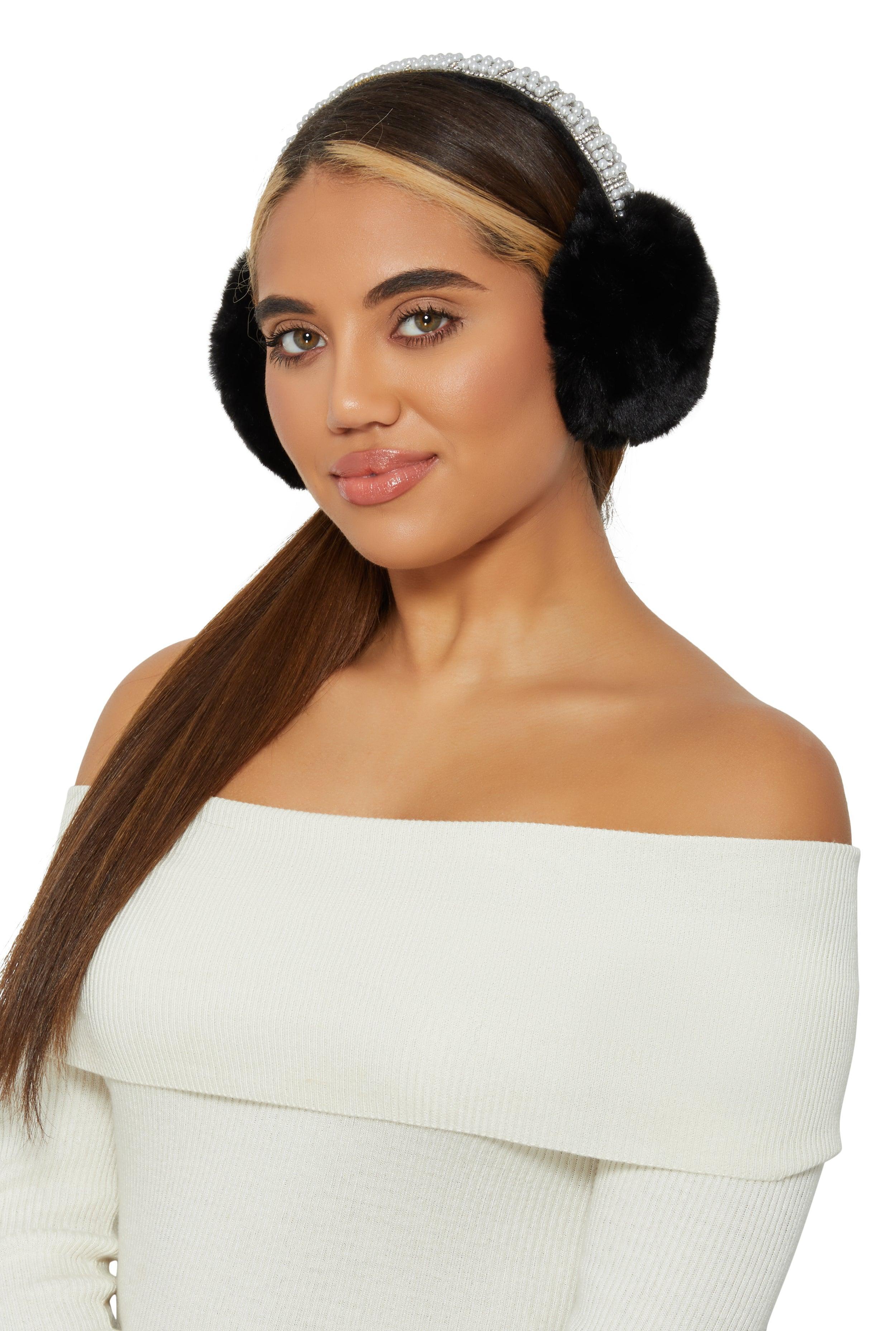 Womens Faux Fur Pearl Studded Faux Fur Earmuffs Product Image