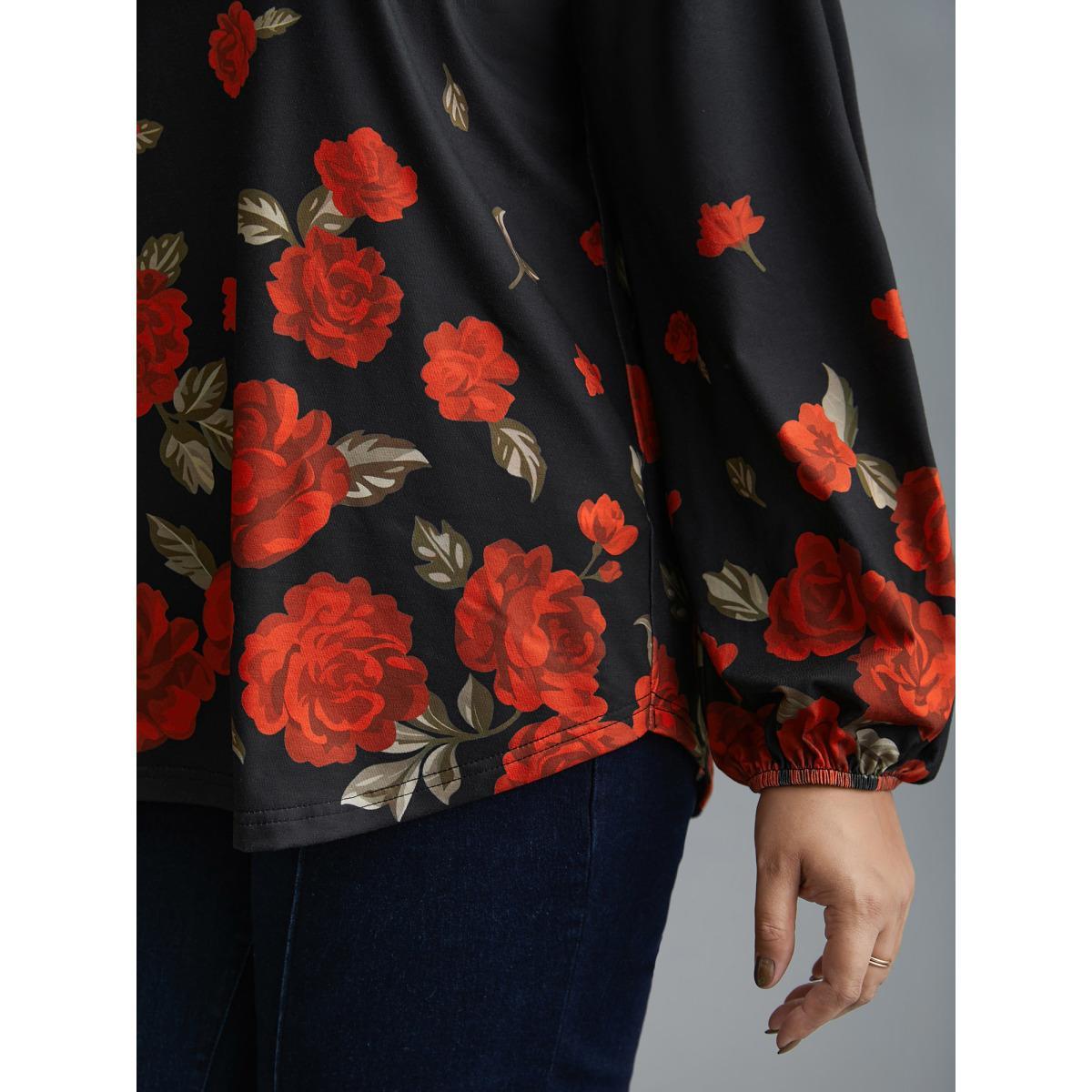 Plus Size Floral Hem V-Neck Stretchy T-shirt Black Women Elegant Contrast Natural Flowers V-neck Everyday T-shirts BloomChic 18-20/2X Product Image