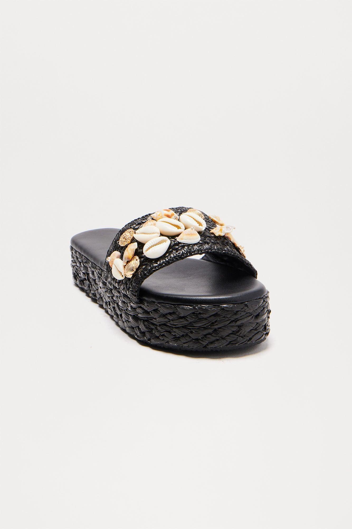 Tan Lines Shell Raffia Flatform Sandals - Black Female Product Image