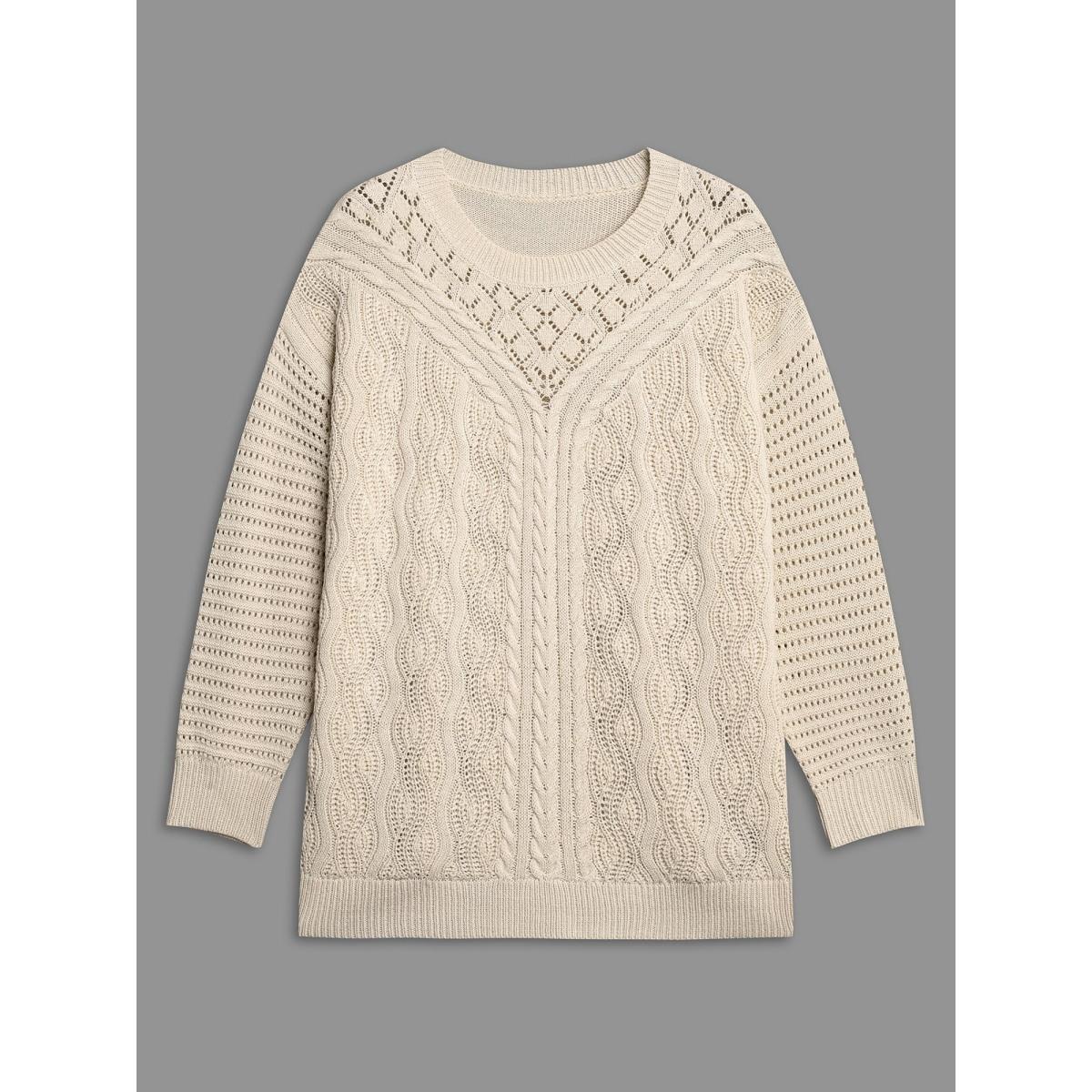 Plus Size Cable Knit Hollow Out Textured Pullover Apricot Women Casual Loose Long Sleeve Round Neck Everyday Pullovers BloomChic 26/4X Product Image