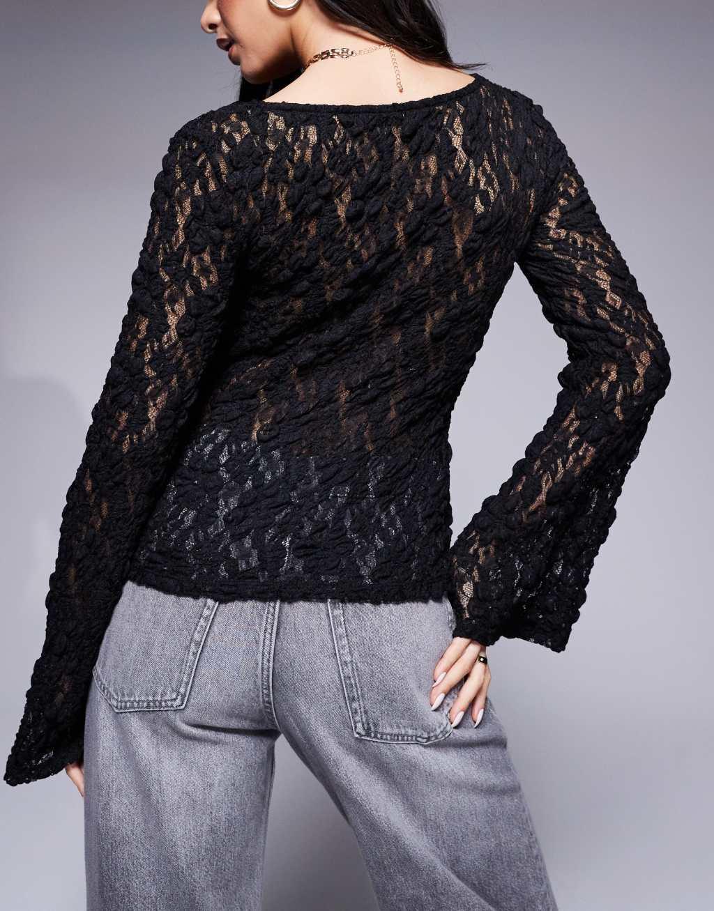 ASOS DESIGN lace plunge fluted sleeve top in black Product Image