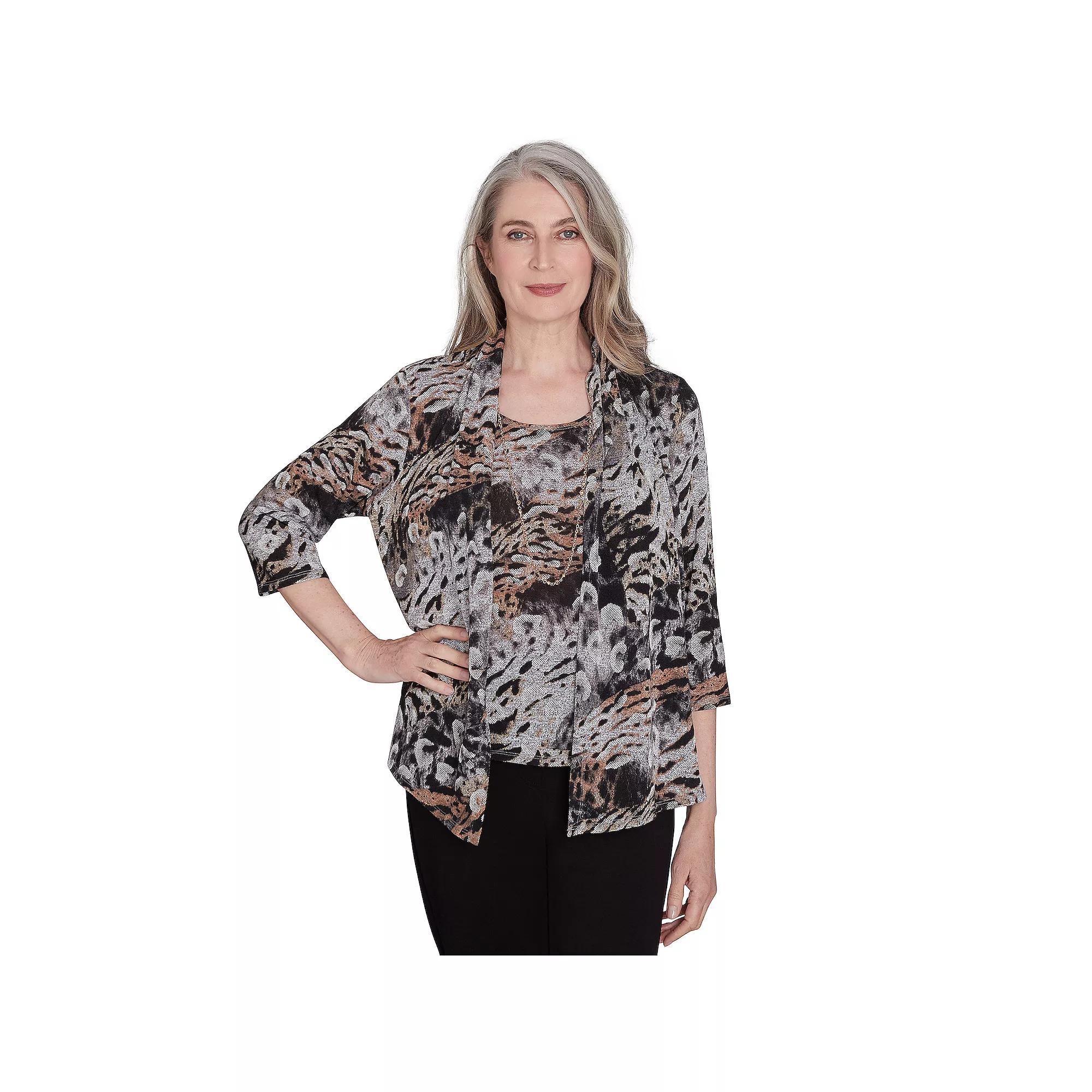 Women's Alfred Dunner Animal Melange Two-In-One Top with Necklace, Size: Large, Neutral Product Image