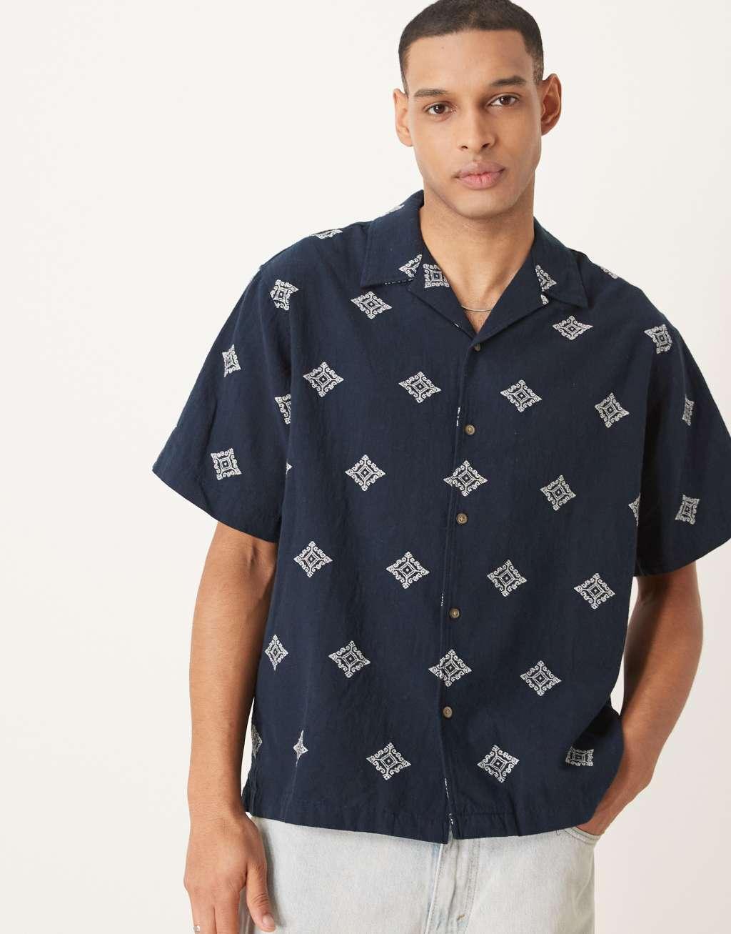 Selected Homme boxy fit revere collar shirt with embroidery in navy  Product Image