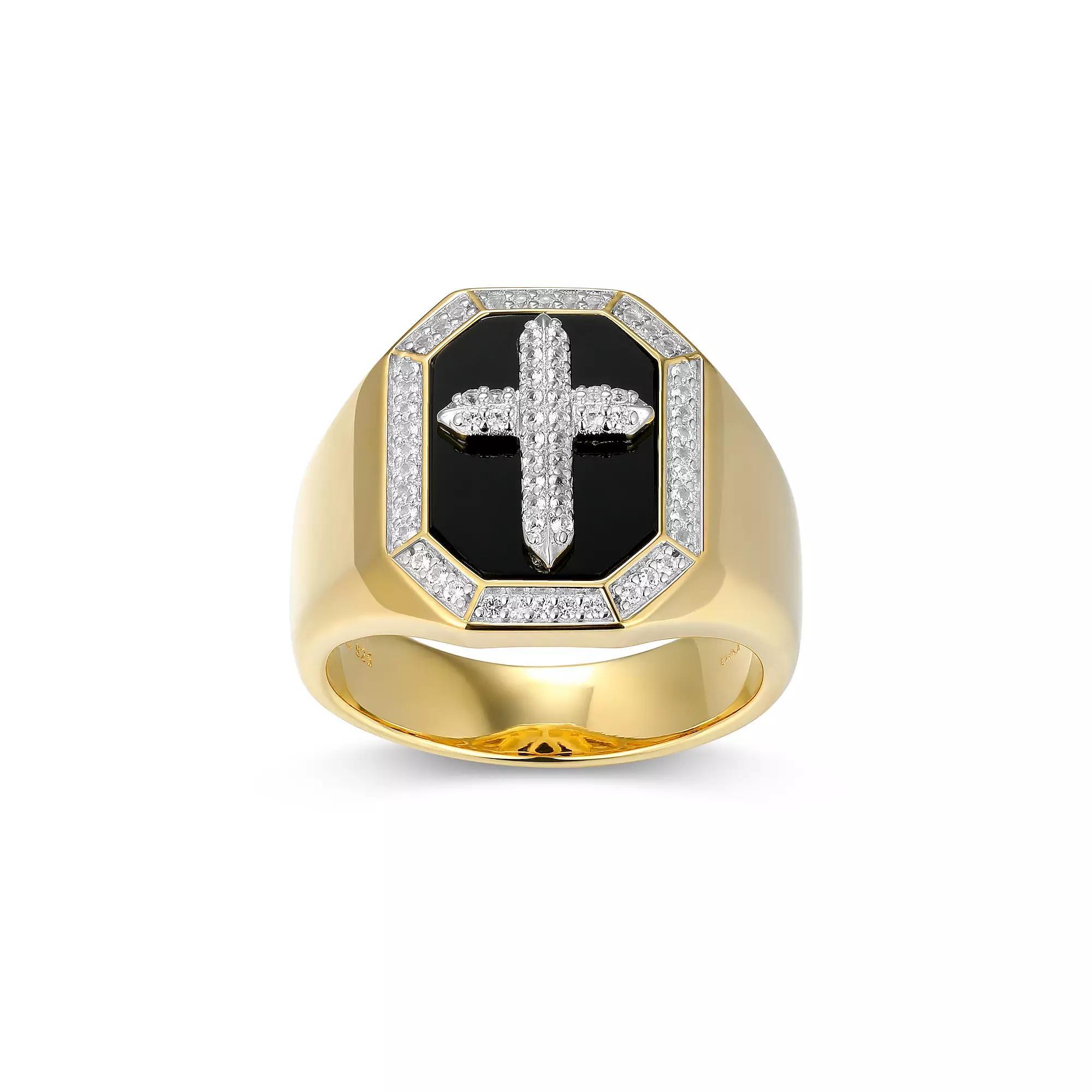 Two-tone Sterling Silver Black Onyx & Lab-Created White Sapphire Cross Ring, Men's, Size: 11, Gold Tone Product Image