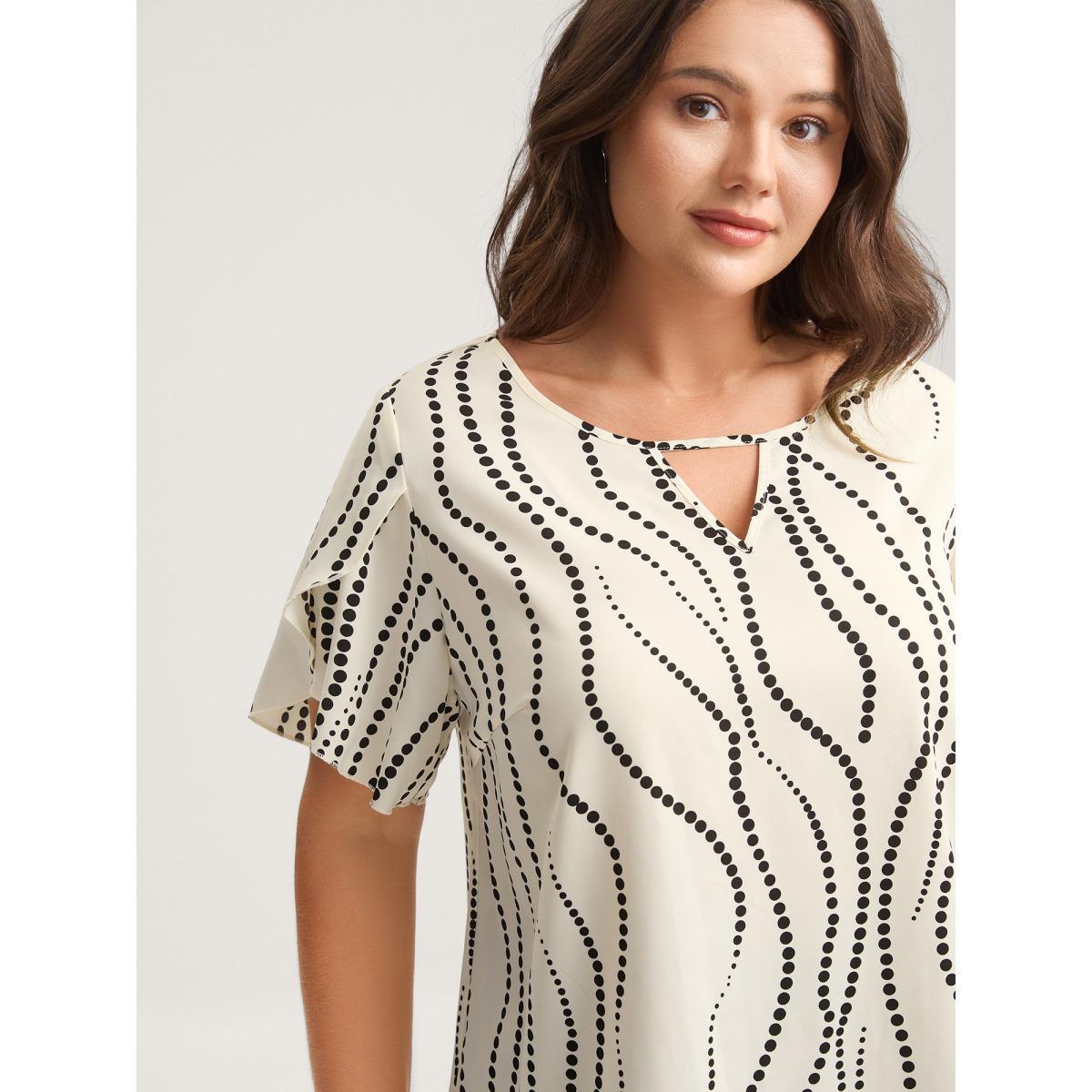 Plus Size Ivory Irregular Dots Print Petal Sleeve Blouse Women Short sleeve Notched collar Work Blouses BloomChic 30/6X Product Image