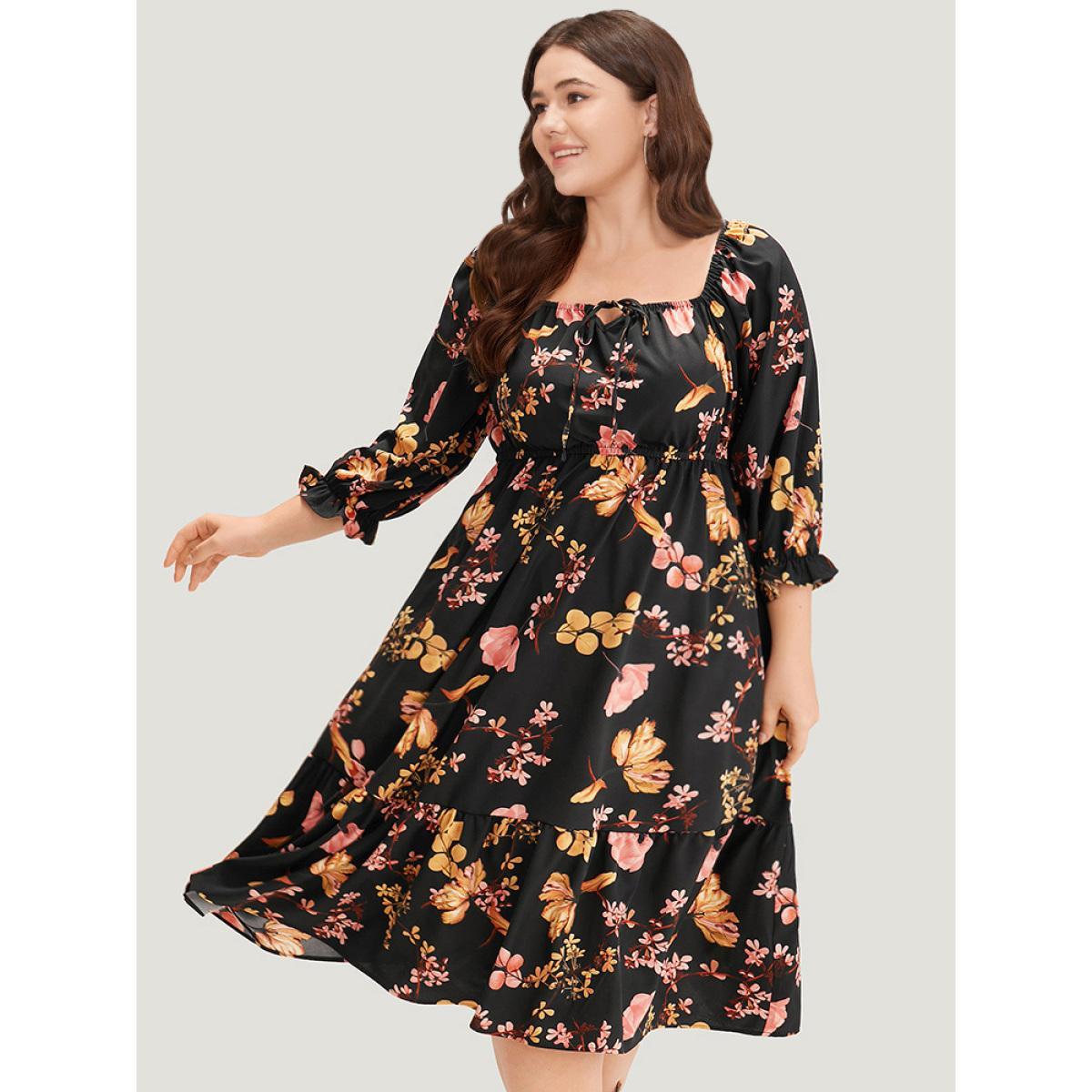 Plus Size Floral Print Bowknot Flutter Trim Tiered Dress Black Women Elegant Gathered Square Neck Elbow-length sleeve Curvy Midi Dress BloomChic 30/6X Product Image