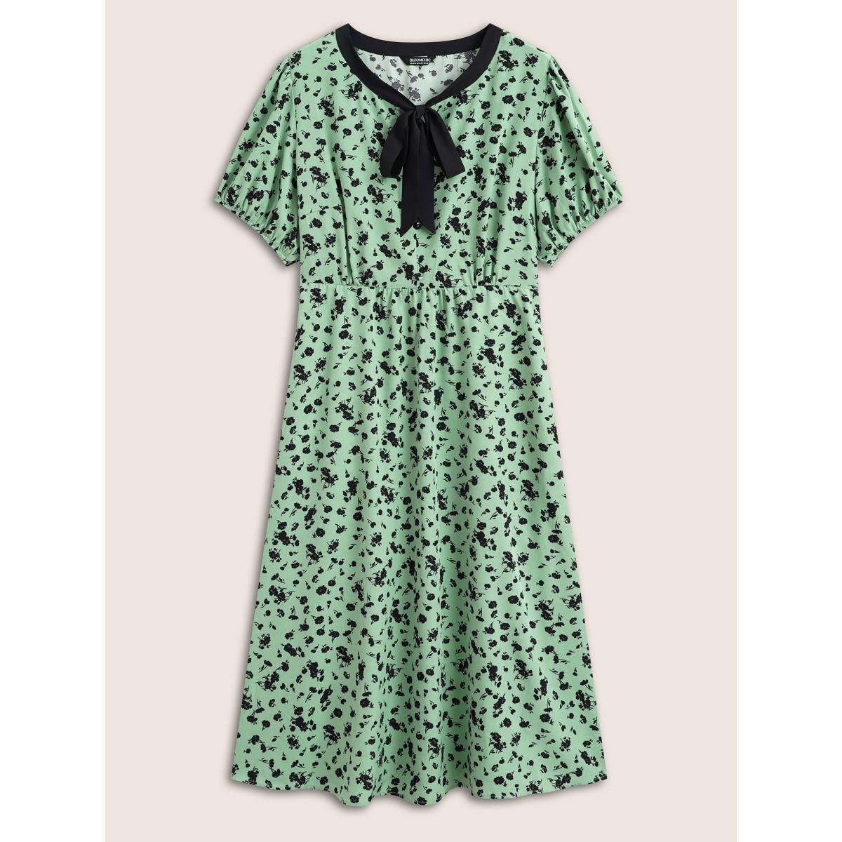 Plus Size Floral A-line Midi Dress Palemauve Women Elegant Tie knot Round Neck Short sleeve Curvy BloomChic 14-16/1X Product Image