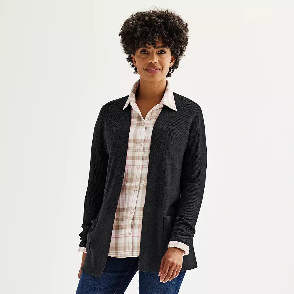 Women's Croft & Barrow® Classic Ribbed Open-Front Cardigan, Size: XS, Mineral Black Product Image