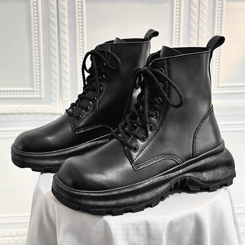 Faux Leather Platform Lace-Up Short Boots Product Image