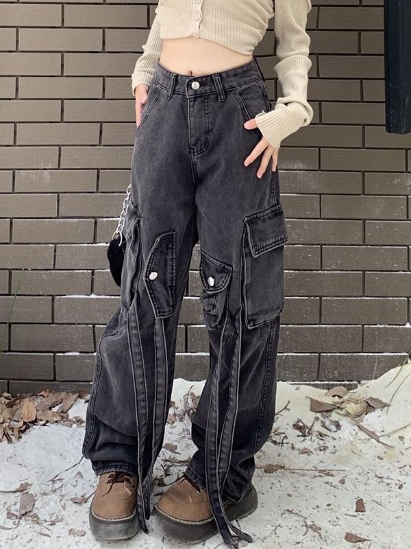 Vintage Wash High Rise Multi Pocket Cargo Jeans Product Image