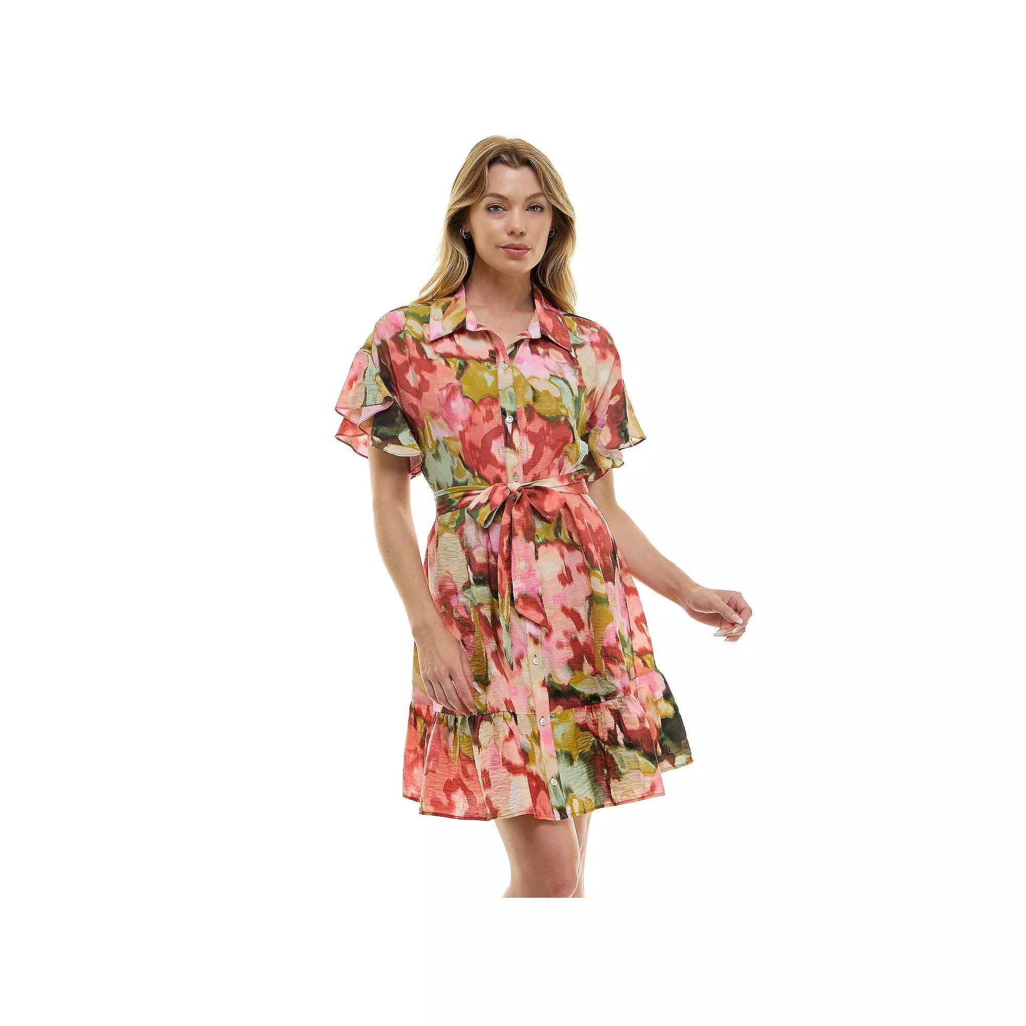 Women's Luxology Button Front Tie-Waist Dress, Size: Large, Peach Green Pink Product Image