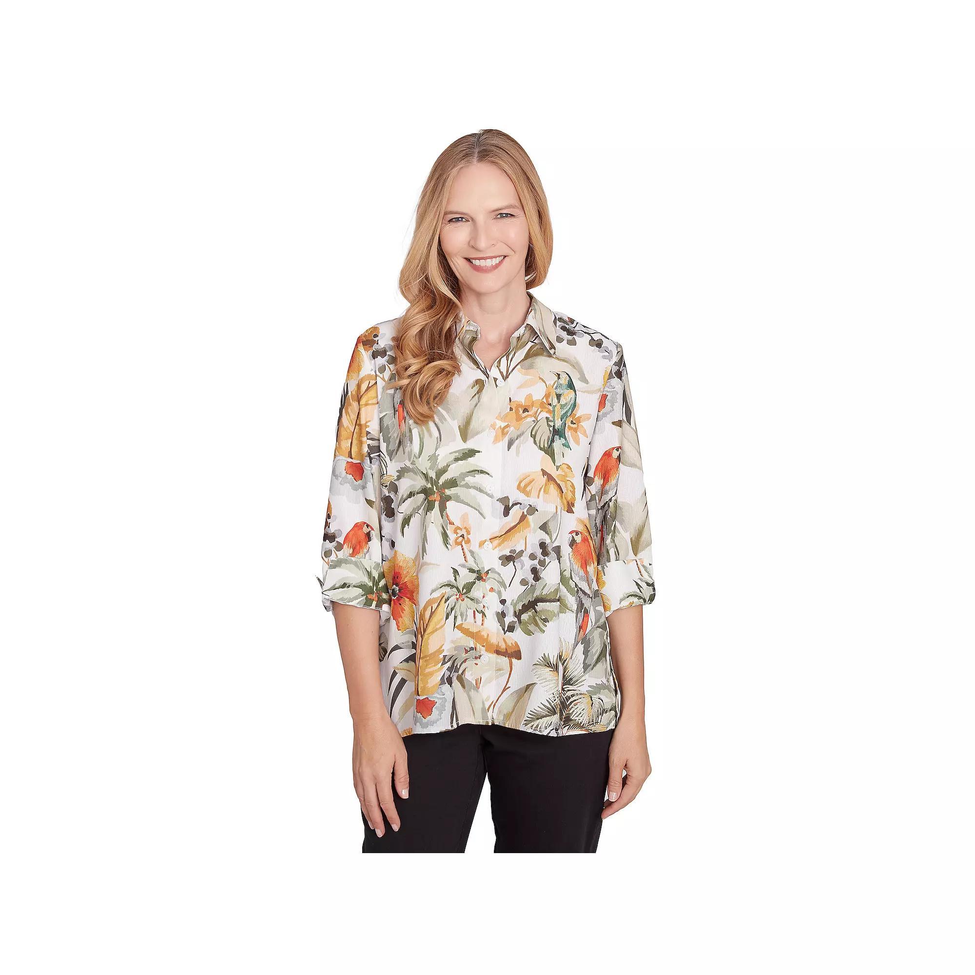 Women's Alfred Dunner Tropical Bird Button Front Top, Size: XL, Green Team Product Image