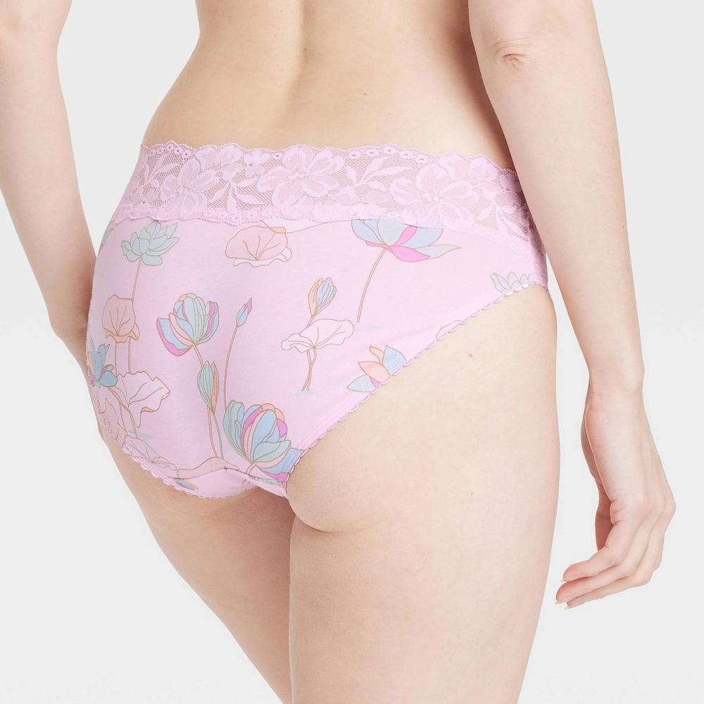 Women's Cotton Blend Bikini Underwear with Lace - Auden™ Pink Waterlily Floral M Product Image