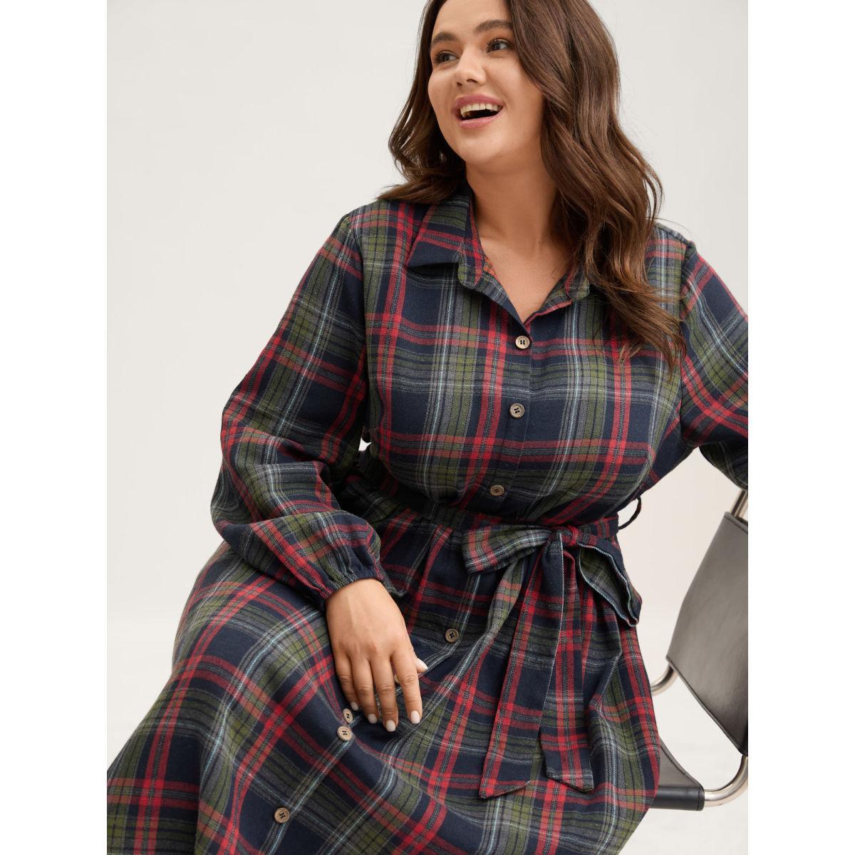 Plus Size Plaid Button Detail Pocket Belted Arc Hem Dress DarkBlue Women Casual Pocket Shirt collar Long Sleeve Curvy Midi Dress BloomChic 18-20/2X Product Image