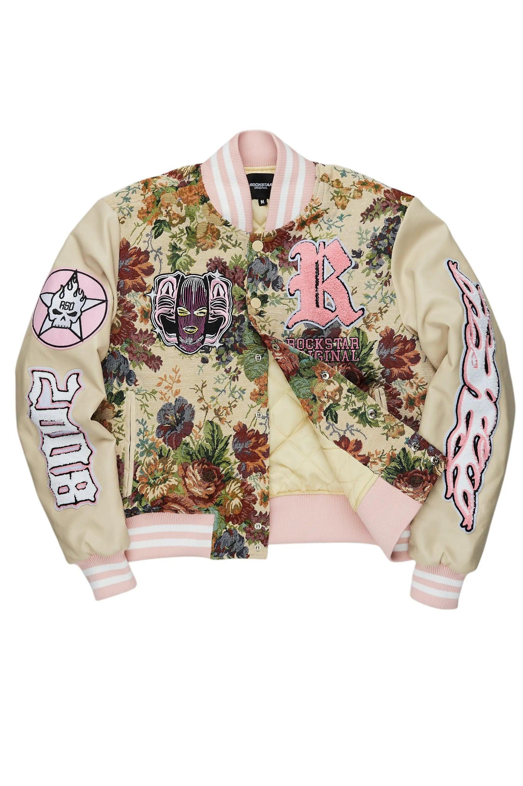 Lakiela Beige Oversized Tapestry Varsity Jacket Female Product Image