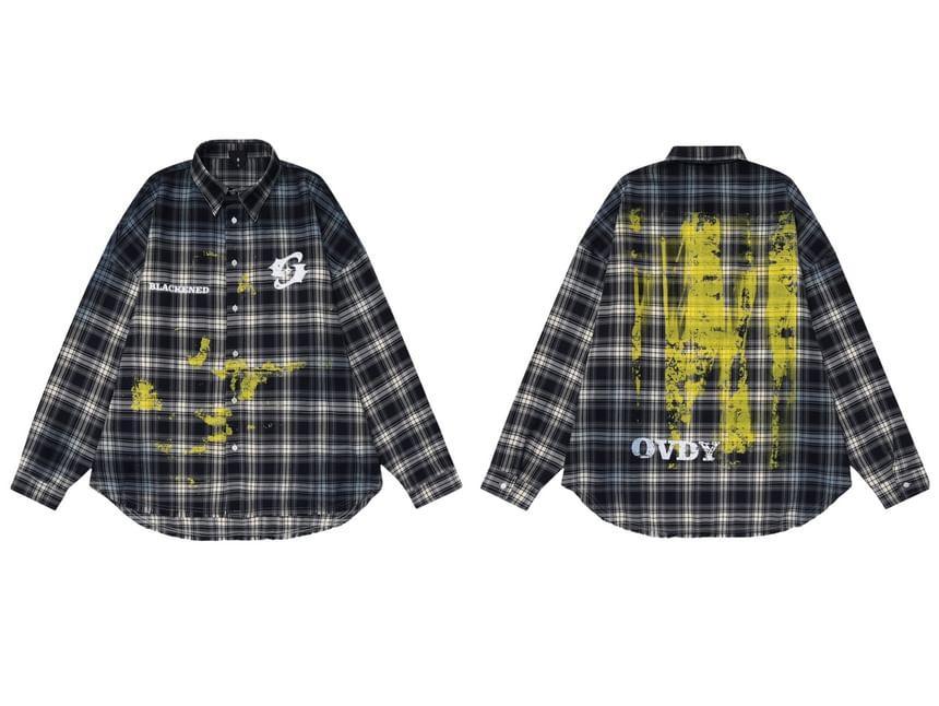 Long Sleeve Collared Plaid Patterned Print  Shirt Product Image