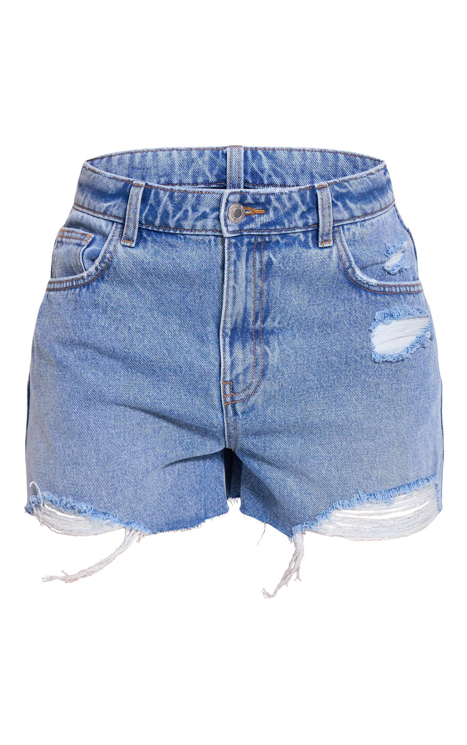 Mid Blue Wash Distressed High Rise Mom Denim Shorts Product Image