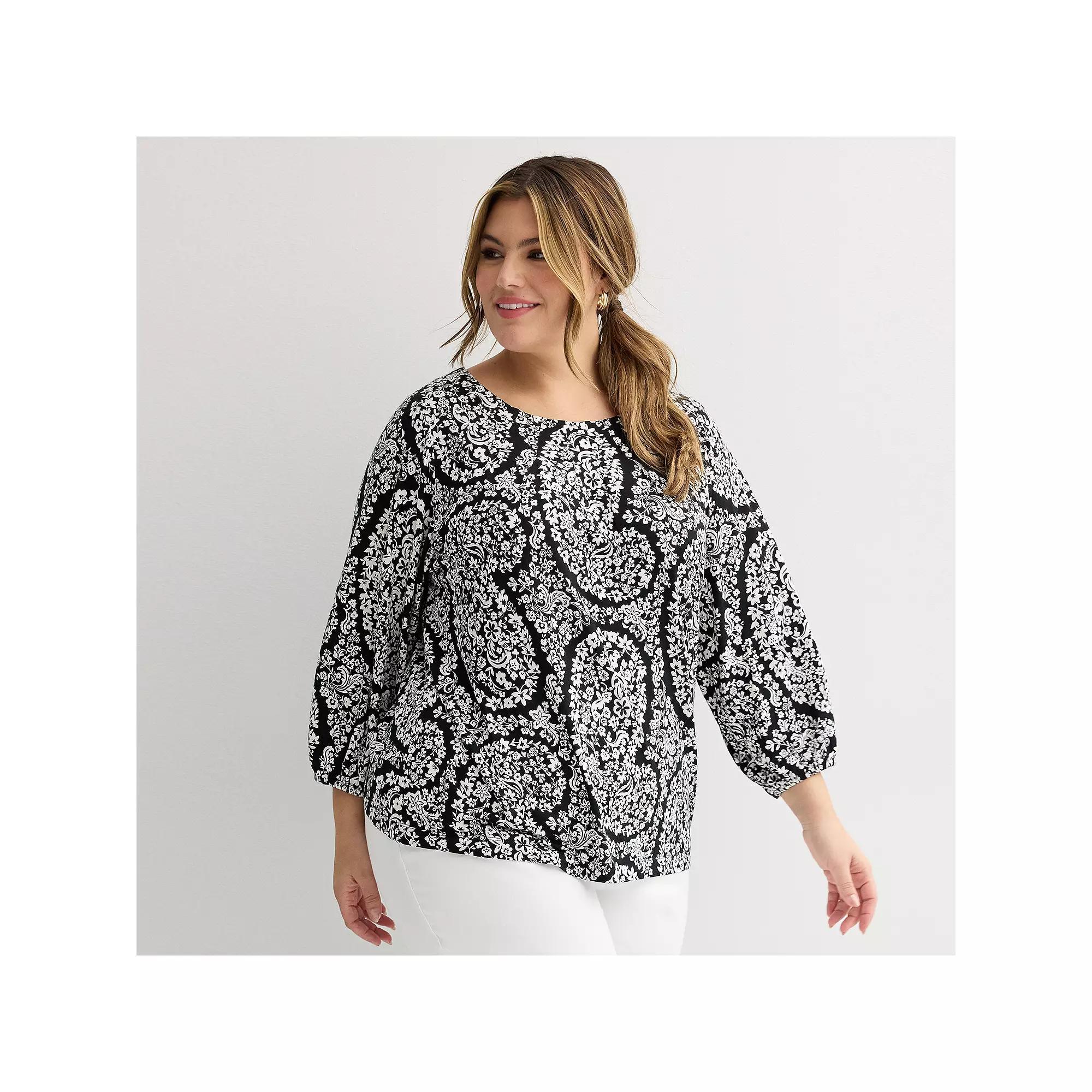 Plus Size Croft & Barrow® 3/4-Sleeve Pleated Top, Women's, Size: 4XL, Black Floral Paisley Product Image