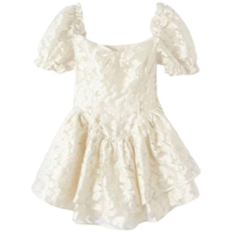 Puff-Sleeve Square-Neck Mini A-Line Lace Dress Product Image
