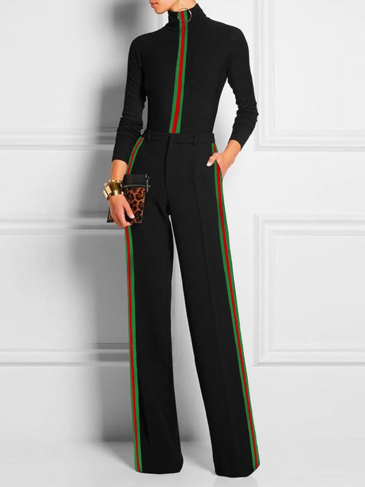 Long Sleeves Skinny Contrast Color Striped High Neck T-Shirts Tops Product Image