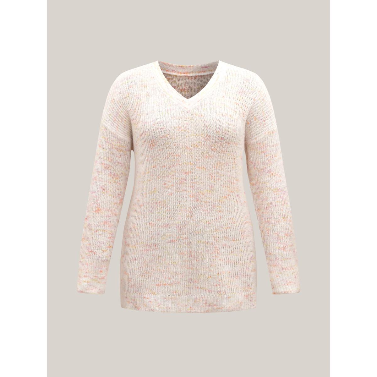 Plus Size Ribbed Texture V-Neck Fitted Pullover Ivory Women Casual Loose Long Sleeve V-neck Everyday Pullovers BloomChic 14-16/1X Product Image