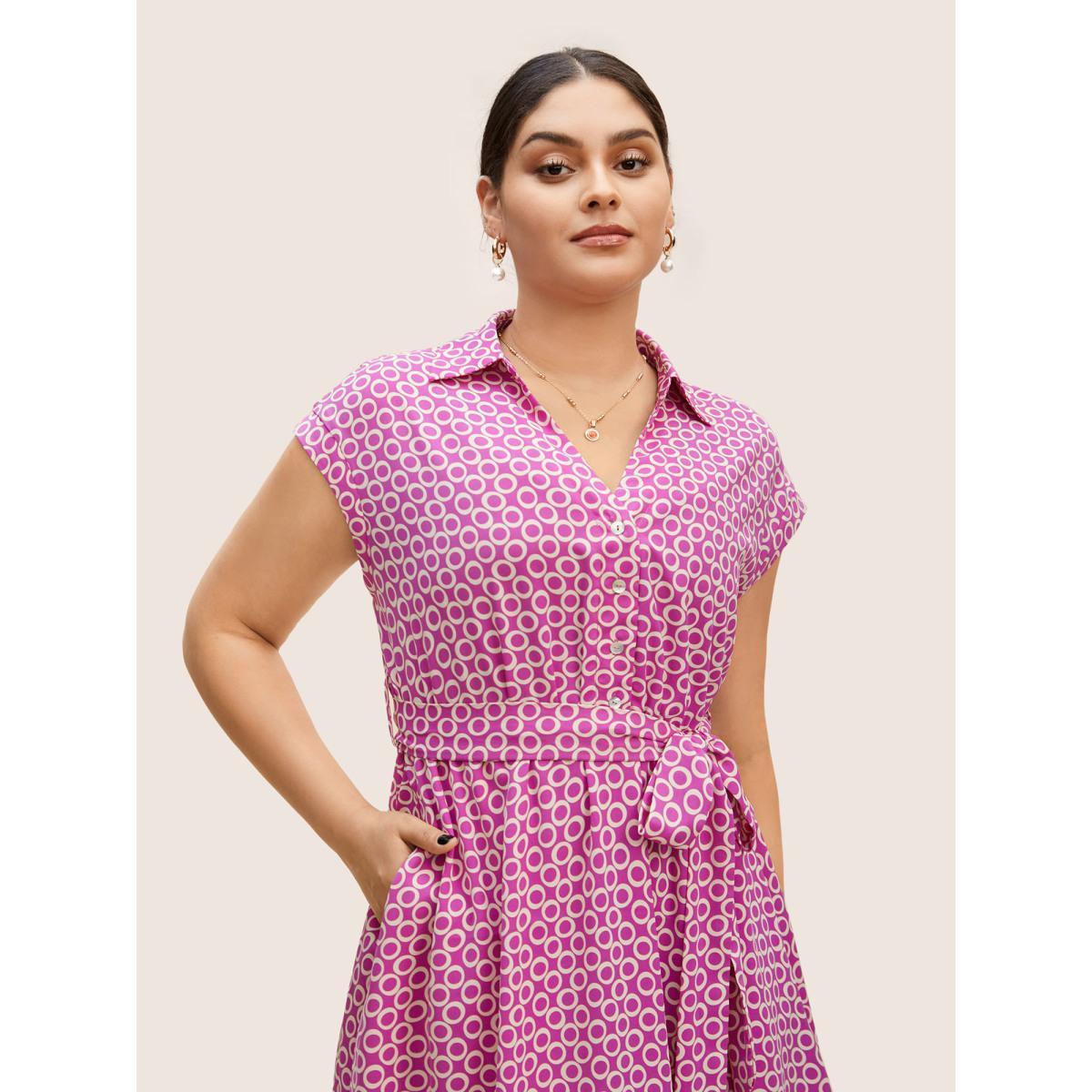 Plus Size Geometric Shirt Collar Cap Sleeve Midi Dress RedViolet Women Work From Home Belted Shirt collar Cap Sleeve Curvy BloomChic 14-16/1X Product Image