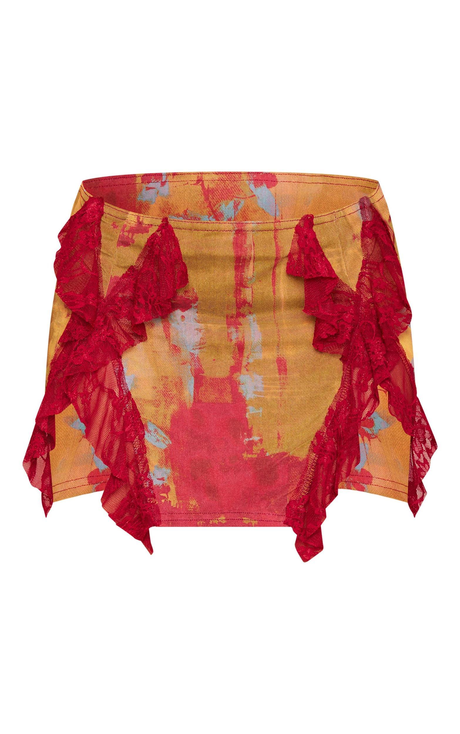 Multi Blurred Patchwork Lined Mesh Lace Trim Mini Skirt Product Image