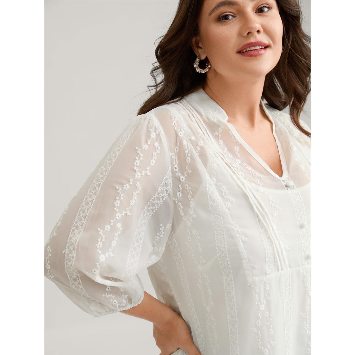 Plus Size Originalwhite Texture Mesh Button Detail Tucked Seam Blouse Women Elegant Elbow-length sleeve V-neck Everyday Blouses BloomChic 12/L Product Image