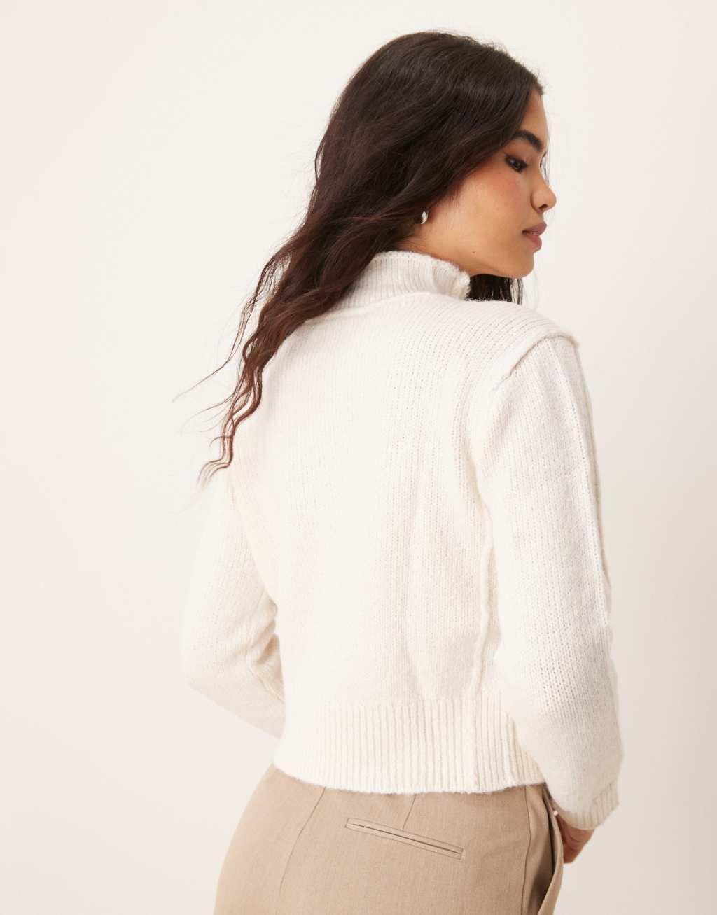 Mango ridged edge high neck sweater in white Product Image