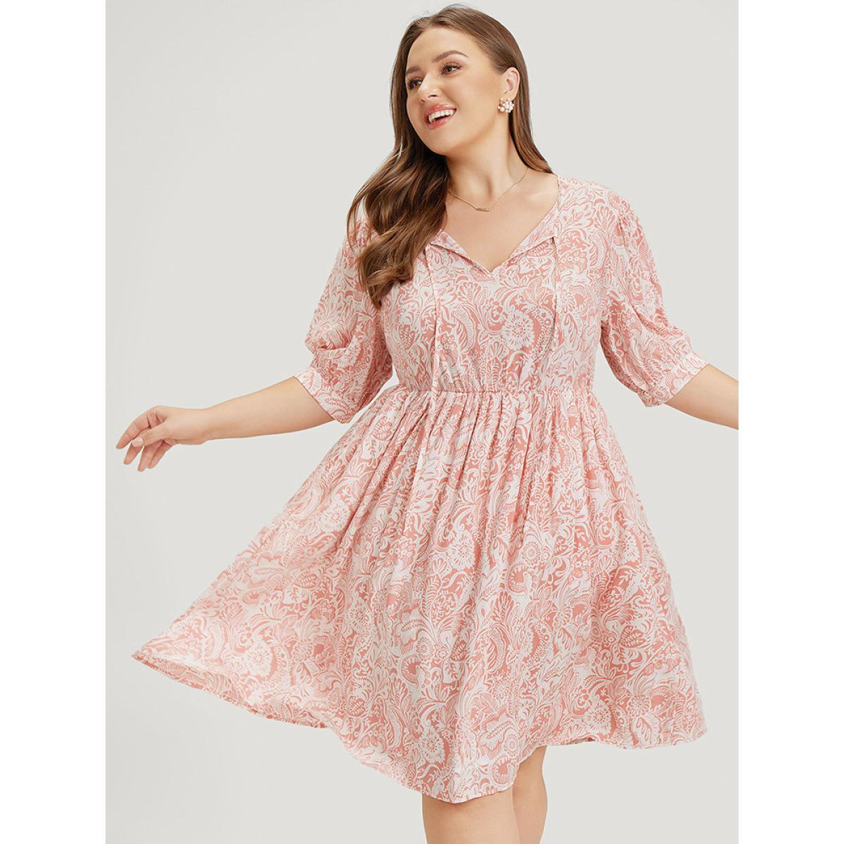 Plus Size Floral Puff Sleeve Pocket Flutter Keyhole Knot Neck Dress Coral Women Vacation Ruffles Tie Neck Short sleeve Curvy Knee Dress BloomChic 26/4X Product Image