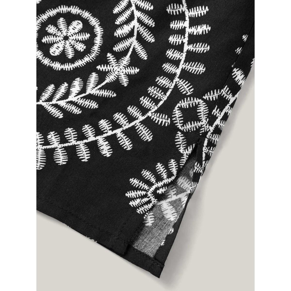 Plus Size Black Boho Print Button Placket Blouse Women Short sleeve V-neck Vacation Blouses BloomChic 30/6X Product Image