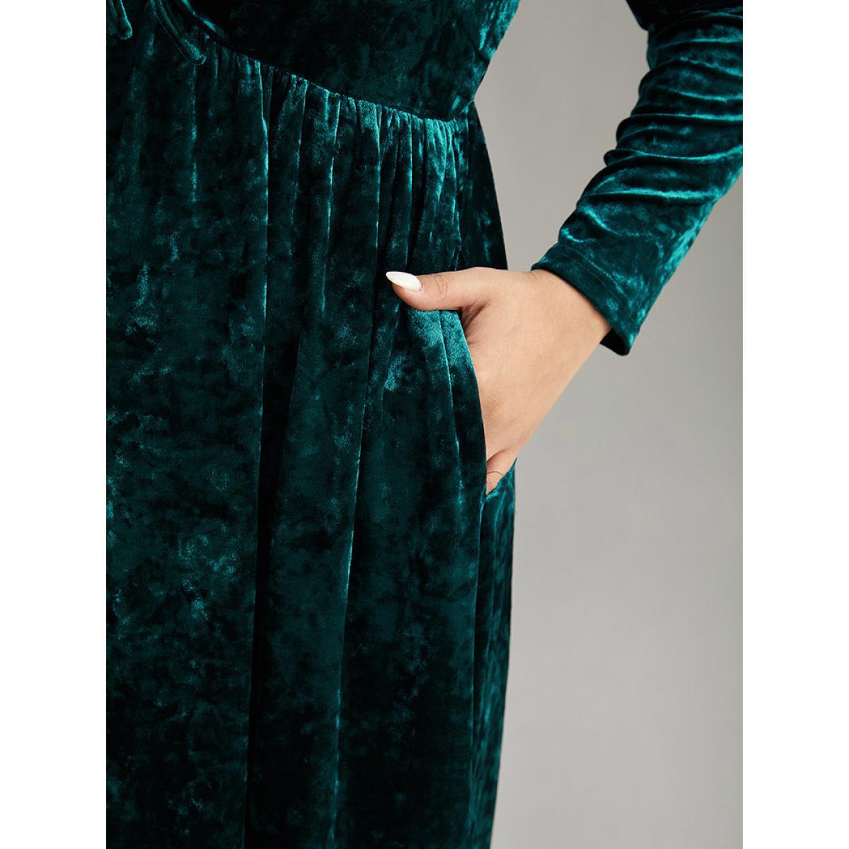 Plus Size Velvet Ruched Ties Pocket Square Neck Dress Teal Women Glamour Elastic cuffs Square Neck Long Sleeve Curvy Midi Dress BloomChic 28/5X Product Image
