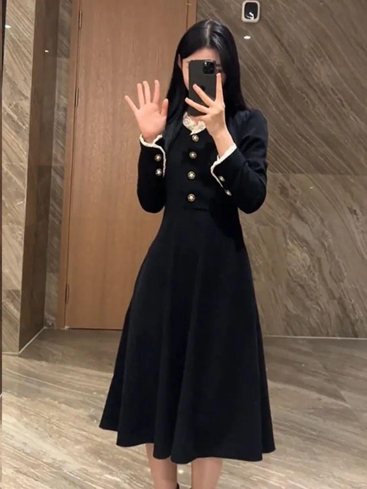 Long-Sleeve V-Neck Corduroy Midi A-Line Dress Product Image