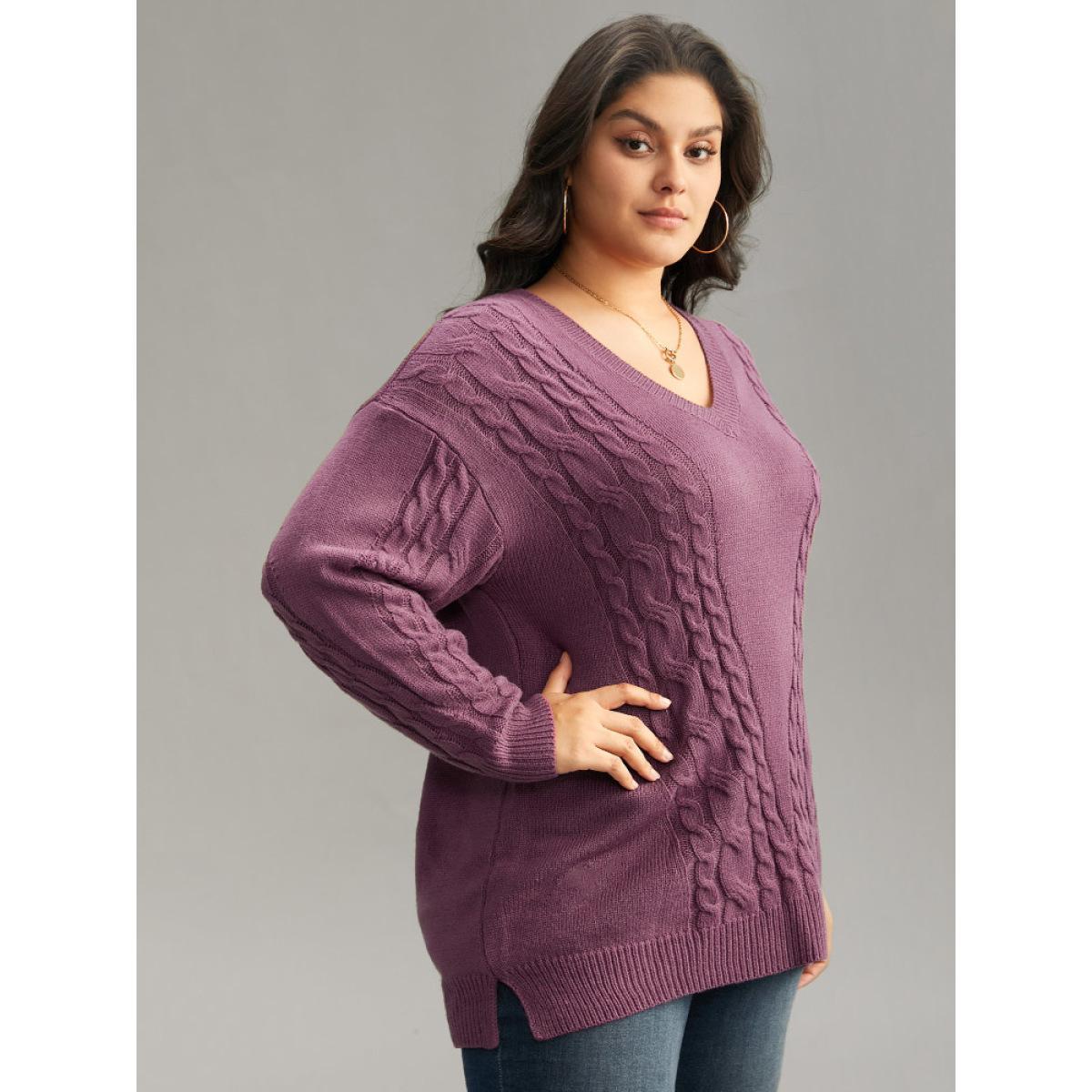 Plus Size Solid Cable Knit V Neck Split Side Pullover Mauve Women Casual Loose Long Sleeve V-neck Everyday Pullovers BloomChic 22-24/3X Product Image